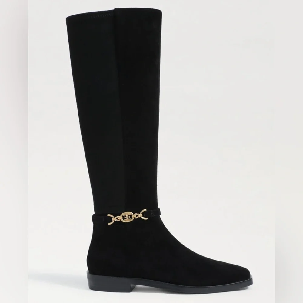 Sam Edelman Women's Clive Gold Buckled Black Velvet Riding‎ Boots Size 8.5